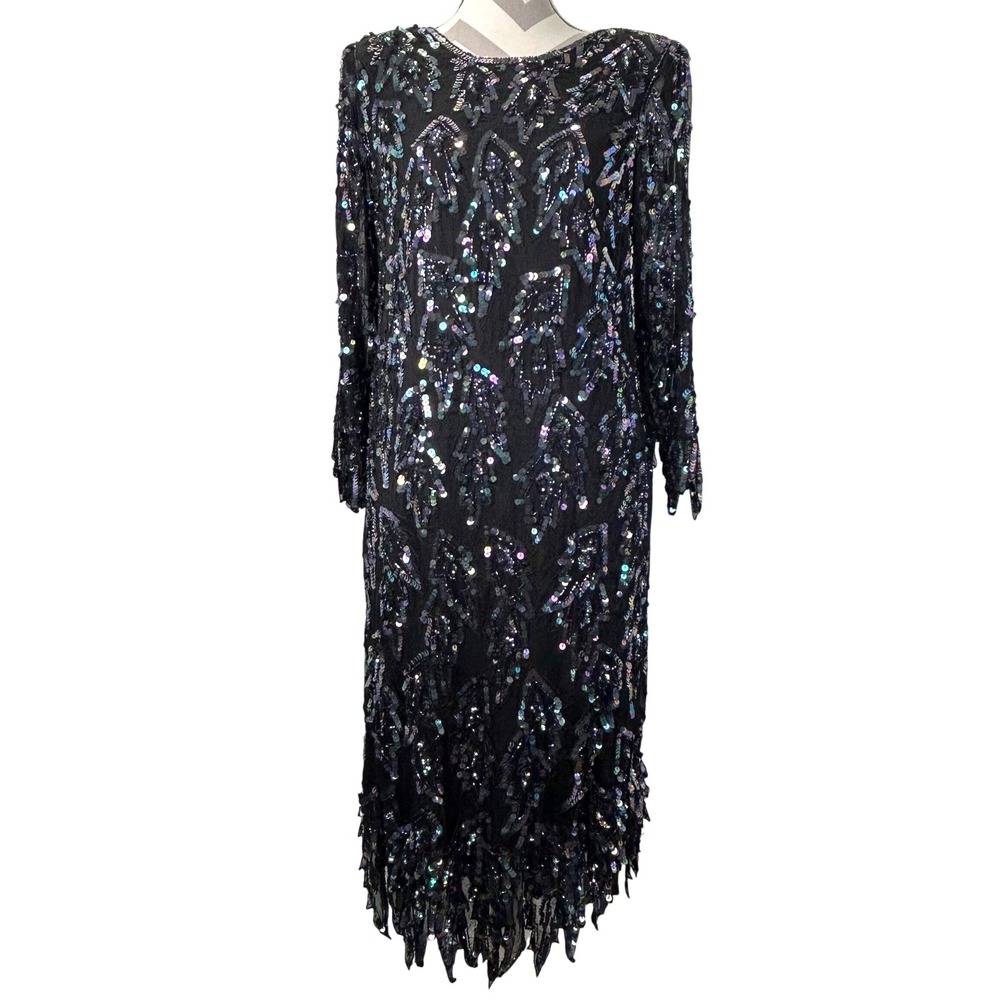 Carina Vintage Silk Iridescent Sequin Beaded Art Deco Style Midi Dress Black  M